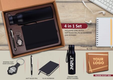 Black gift set with tulip keychain, pen, bottle, notebook, premium.